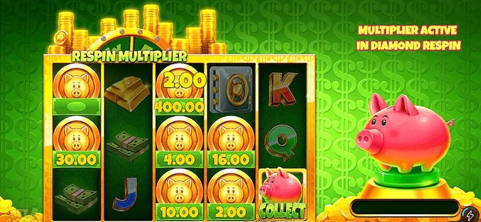 Carretes de Piggy Bonanza con el Respin Multiplier activo, monedas con caras de chancho que muestran valores de 30,00 y 400,00 y una alcancía rosa sobre pedestal dorado