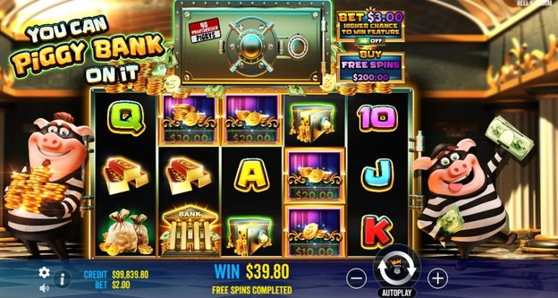 Ronda de giros gratis completada en un tragamonedas de temática bancaria, con chanchos ladrones a los costados, una bóveda de acero arriba y el cartel Buy Free Spins por 200,00