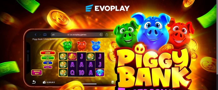 Pieza promocional vertical de Evoplay con un iPhone mostrando Piggy Bank 3 Pots Bonanza en el navegador, los tres chanchos de colores y el logotipo del juego sobre fondo naranja