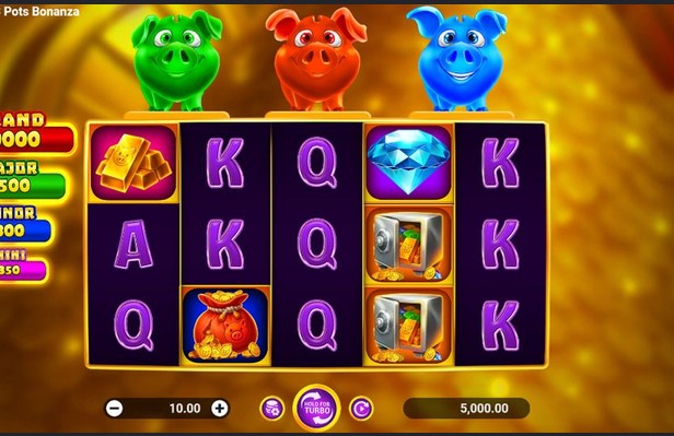 Carretes de Piggy Bank 3 Pots Bonanza con lingotes de oro, un diamante azul, cajas fuertes con monedas, una bolsa roja de dinero y apuesta de 10,00 con ganancia de 5.000,00