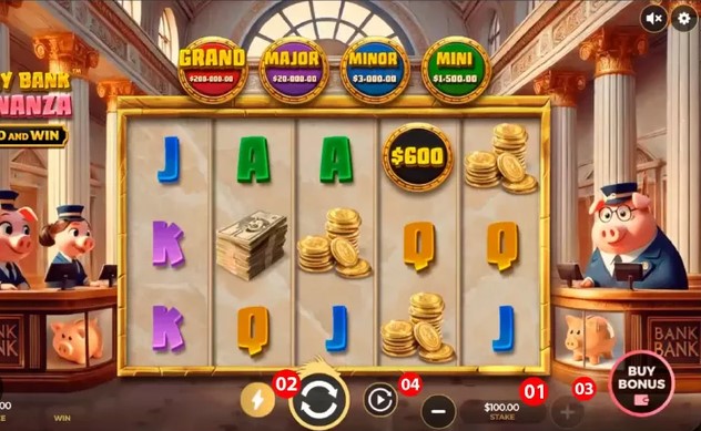 Pantalla de carretes de Piggy Bank Bonanza Hold and Win con los premios Grand, Major, Minor y Mini sobre la grilla, dos chanchos cajeros a los costados y el botón Buy Bonus