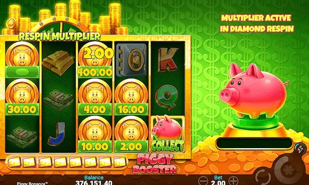 Piggy Bonanza con la barra Piggy Booster llena de lingotes dorados al pie de la pantalla y un saldo de 376.151,40
